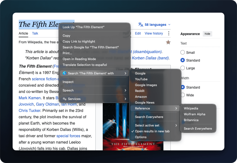 Right-clicking selected text on a web page opens the Simple = Select + Search menu with your chosen engines and sets